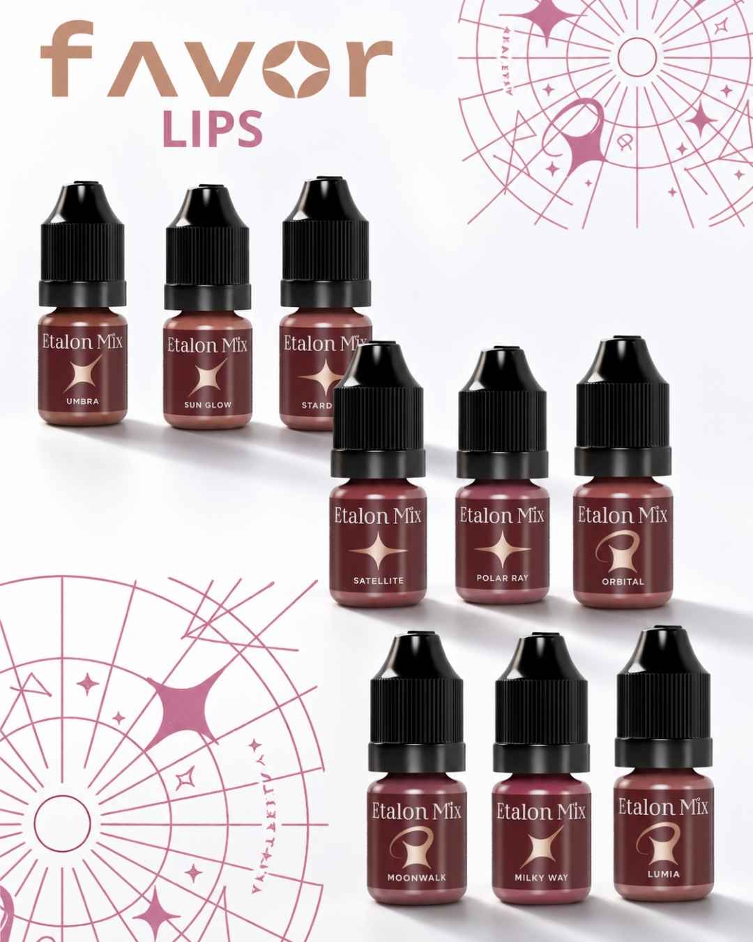 Pigmenti Etalon Mix Favor Lips nelle nove tonalità Stardust, Satellite, Polar Ray, Lumia, Moonwalk, Orbital, Sun Glow, Milky Way e Umbra