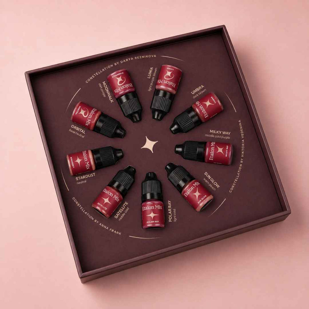 Etalon Mix Favor Lip Set – dettaglio palette nude, rosa, berry, viola e marroni per labbra PMU